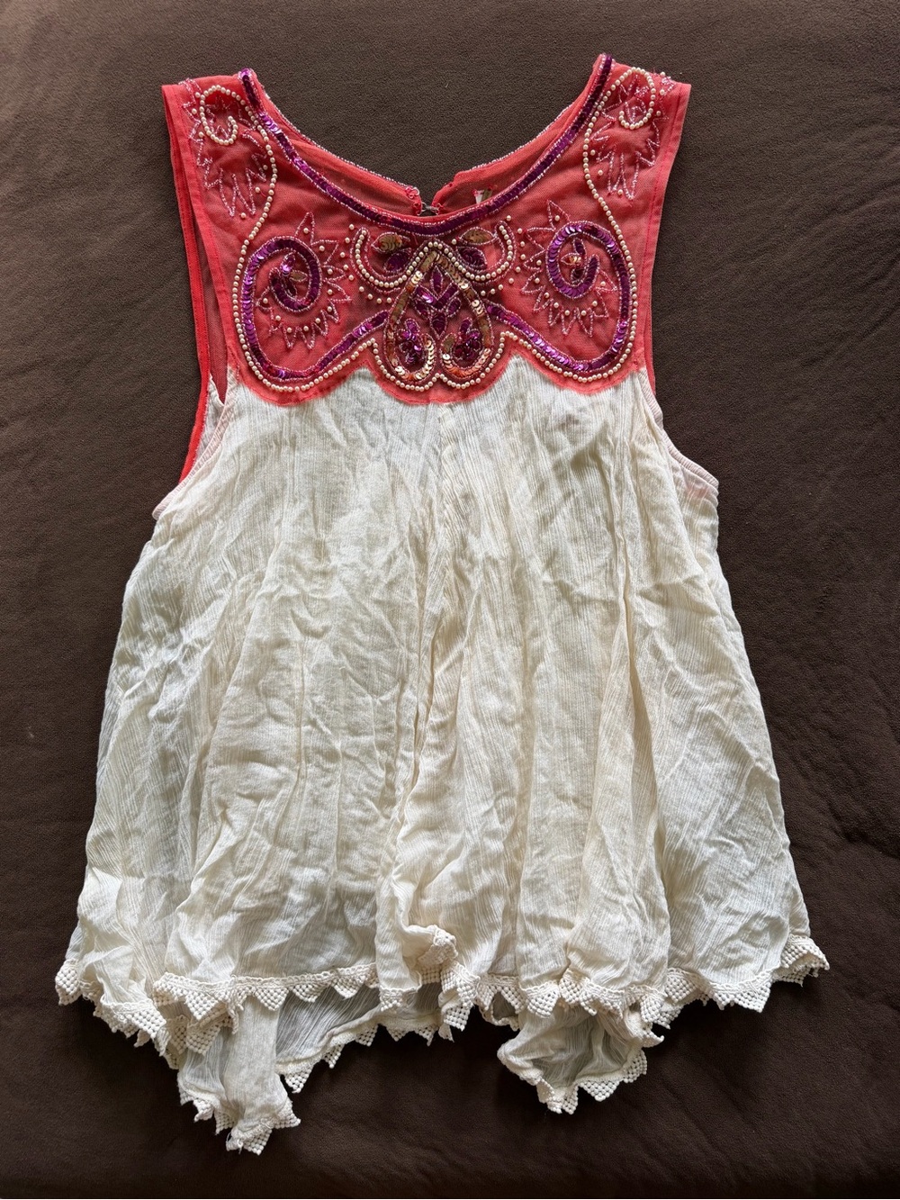 Free People Coral and Cream Embellished Sleeveless Camisole